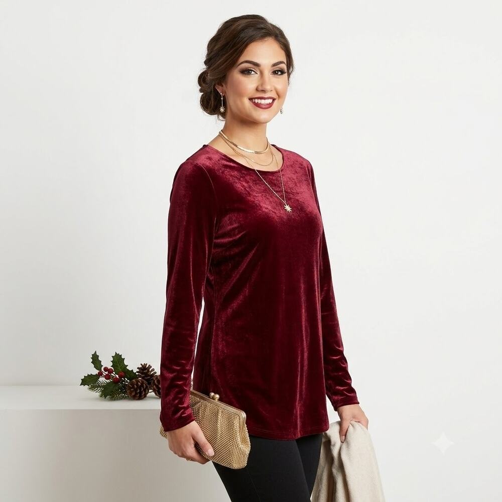 Boden Suki Berry Red Velvet Velour Long Sleeve Top Stretchy Shimmer Size 14 NWT